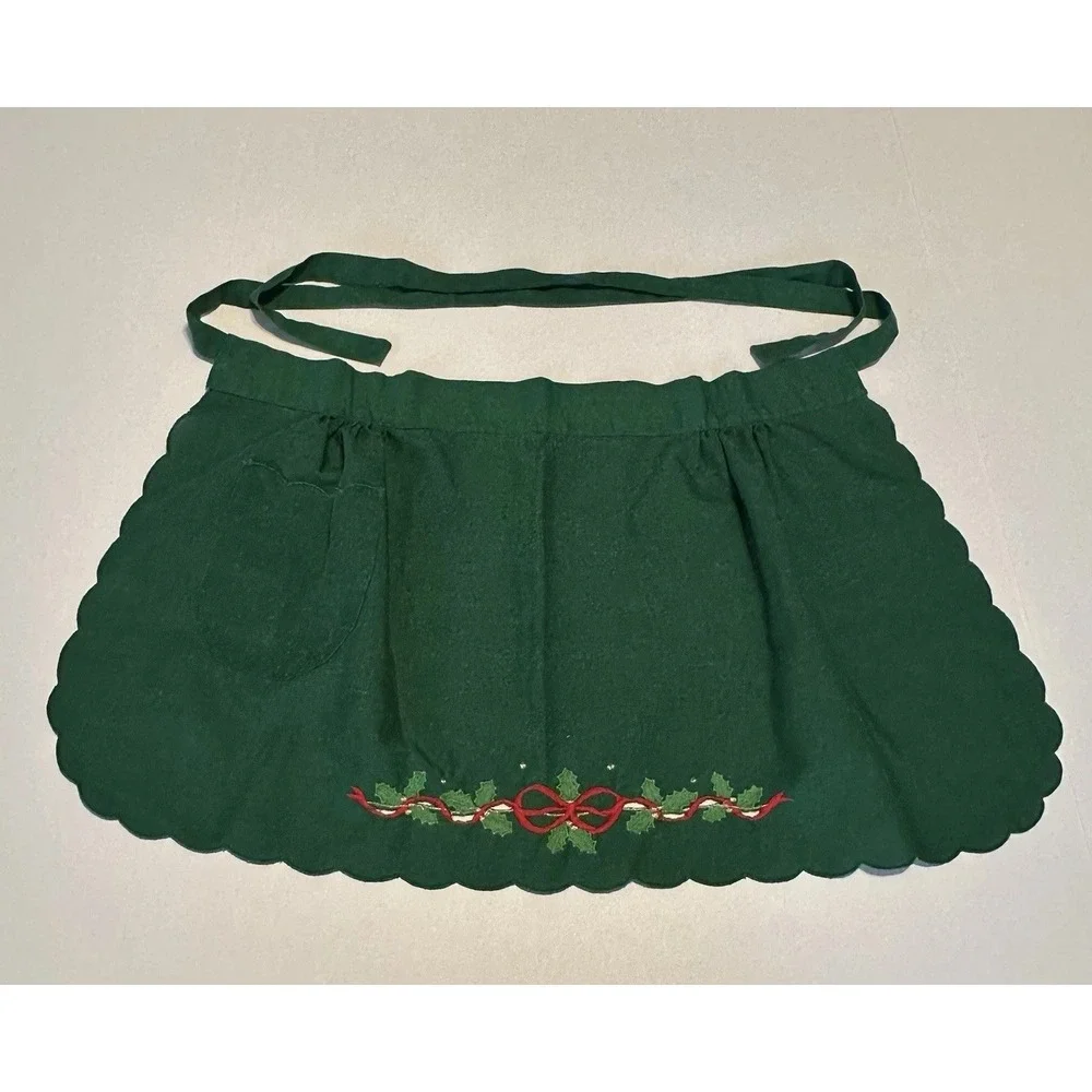 Vintage 1936 Green Half Apron With Holly‎ Red Bows Linen Embroidered Christmas